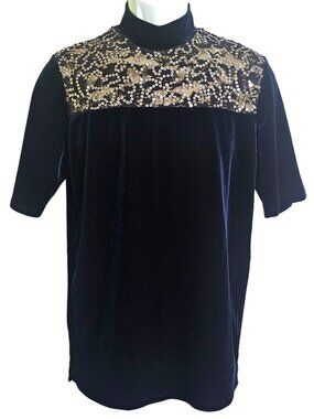 Creative Costuming Designs Adult Sequin Dance Top Blue Velvet Mock Neck Costume